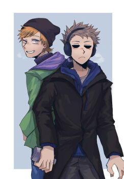 Rule 34 | 2boys, animification, back-to-back, beanie, black hat, black jacket, blue background, blue hoodie, blue pants, blush, border, breath, brown hair, commentary request, cowboy shot, drawstring, earmuffs, eddsworld, flask, frown, green jacket, grey eyes, grey pants, grin, hat, highres, hip flask, holding, holding flask, hollow eyes, hood, hood down, hoodie, jacket, jitome, light blush, long sleeves, male focus, matt (eddsworld), multiple boys, official alternate costume, orange hair, outside border, pants, parted bangs, partial commentary, purple hoodie, rainbowmisosoup, short hair, simple background, smile, spiked hair, tom (eddsworld), turtleneck, uneven eyes, white border