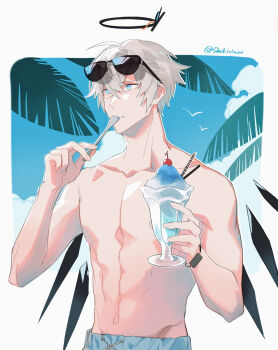 1boy abs absurdres arknights bird bishounen blue_eyes blue_sky cherry cloud commentary_request cup detached_wings eating executor_(arknights) eyewear_on_head food fruit grey_hair hair_between_eyes halo highres holding holding_cup holding_food holding_spoon ice_cream male_focus male_swimwear navel outdoors palm_leaf palm_tree shaved_ice shikiri short_hair sky solo spoon sunglasses swim_trunks toned toned_male topless_male tree twitter_username upper_body utensil_in_mouth watch white_hair wings wristwatch