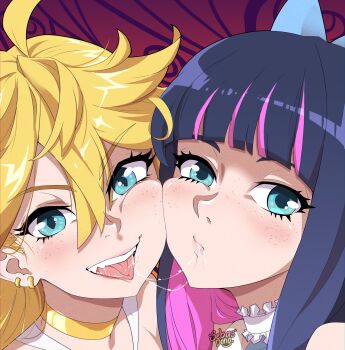 ahoge blonde_hair blue_eyes blue_hair blunt_bangs cheek-to-cheek choker close-up closed_mouth ear_piercing freckles hair_between_eyes heads_together hime_cut lips looking_at_viewer multicolored_hair open_mouth panty_&amp;_stocking_with_garterbelt panty_(psg) piercing pink_hair saliva saliva_trail sebasdono stocking_(psg) teeth tongue tongue_out two-tone_hair upper_body upper_teeth_only