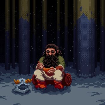 1boy animated animated_gif arm_guards artist_name beard black_hair boots bowl commentary covered_mouth depressed dungeon_meshi dwarf facial_hair facing_viewer fake_horns food gold green_shirt hair_slicked_back helmet holding holding_bowl holding_spoon horned_helmet horns long_beard male_focus mohammed_bali mustache orange_boots pants patchwork_clothes pelt pillar pixel_art sad senshi_(dungeon_meshi) shirt sitting snow snowing solo soup spoon unworn_headwear unworn_helmet white_pants wrinkled_skin