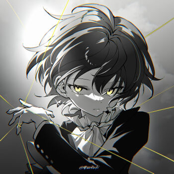 1boy ascot bloom chromatic_aberration closed_mouth commentary dragon_raja_(jiang_nan) earrings expressionless floating_earrings floating_hair frilled_shirt_collar frills greyscale hair_between_eyes hand_up highres jacket jewelry long_sleeves looking_at_viewer lu_mingze male_focus monochrome sanpaku shirt short_hair signature solo spot_color string string_around_finger stud_earrings symbol-only_commentary tsurime upper_body wire_manipulation xunko yellow_eyes