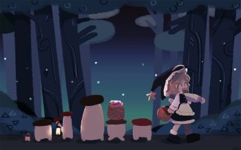 1girl apron basket black_vest blonde_hair bow braid bush happy hat highres kirisame_marisa kurocat lantern long_sleeves mushroom night outdoors shirt star_(symbol) touhou tree vest waist_apron walking white_shirt witch_hat
