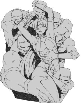 1girl 6+boys abs armlet assassin_(fate/zero) bare_shoulders biceps bracer breasts cleavage fate/zero fate_(series) female_assassin_(fate/zero) greyscale halterneck high_ponytail jewelry long_hair looking_at_viewer mask medium_breasts minew monochrome multiple_boys muscular muscular_female muscular_male navel neck_ring pants parted_bangs ponytail skull_mask thighs toned