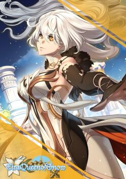 Rule 34 | 1girl, arm up, artist name, asmoday (genshin impact), bare shoulders, black fur, blonde hair, blue background, blue sky, blurry, body markings, breasts, celtic knot, closed mouth, cloud, cloudy sky, colored skin, commentary, curly hair, depth of field, english commentary, floating, floating hair, formal clothes, from side, fur trim, genshin impact, hair between eyes, hair floating upwards, hair intakes, highres, large breasts, leaning to the side, lemon lime, light particles, looking at viewer, looking to the side, multicolored skin, orange eyes, pillar, shade, side ahoge, sideboob, sky, solo, suit, symbol-shaped pupils, two-tone skin, upper body, watermark, wavy hair