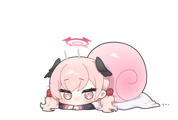Rule 34 | 1girl, bamyamsj, black wings, blue archive, commentary, halo, head wings, highres, koharu (blue archive), low twintails, pink eyes, pink hair, pink halo, simple background, snail, snail shell, solo, tagme, twintails, untranslatable commentary, white background, wings