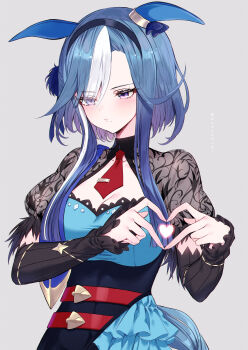 1girl absurdres admire_groove_(umamusume) animal_ears blue_hair breasts commentary_request ear_covers four-finger_heart_hands grey_background heart heart_hands highres horse_ears horse_girl horse_tail medium_breasts simple_background solo tail tetora_(oudonoishiize) umamusume upper_body