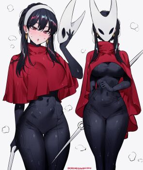 1girl absurdres black_bodysuit black_hair bodysuit breasts character_mask cloak cosplay covered_navel hair_up hairband highres holding holding_mask holding_weapon hollow_knight hollow_knight:_silksong horned_mask hornet_(hollow_knight) hornet_(hollow_knight)_(cosplay) large_breasts long_hair mask multiple_views qiandaiyiyu red_cloak red_eyes sidelocks spy_x_family weapon white_background white_hairband white_mask yor_briar