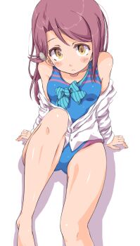 bad_tag blush hair_ornament hairpin highres jewelry long_hair love_live! love_live!_(series) love_live!_school_idol_project love_live!_sunshine!! red_hair ribbon sakurauchi_riko sen_(pixiv_1353053) swimsuit yellow_eyes