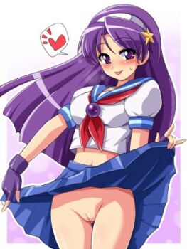 Rule 34 | 1girl, asamiya athena, blue skirt, blush, breasts, breath, cleft of venus, clothes lift, collarbone, fingerless gloves, gloves, hair ornament, hairband, heart, idol, konpeto, long hair, looking at viewer, lowres, medium breasts, midriff, navel, neckerchief, no panties, psycho soldier, puffy sleeves, purple eyes, purple gloves, purple hair, pussy, red neckerchief, school uniform, shirt, short sleeves, skirt, skirt lift, smile, snk, speech bubble, spoken heart, standing, star (symbol), star hair ornament, sweat, the king of fighters, the king of fighters xi, tongue, tongue out, white shirt