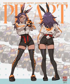 absurdres animal_ears ass bangs_pinned_back black-framed_eyewear black_bodysuit black_shorts black_thighhighs bodysuit crocs gloves hand_on_own_hip highres indie_virtual_youtuber julian_futanto looking_at_viewer motor_vehicle multiple_views one_eye_closed orange_pupils pikat_(vtuber) rabbit_ears rabbit_tail round_eyewear sharp_teeth shirt shorts tail teeth thighhighs truck v white_shirt