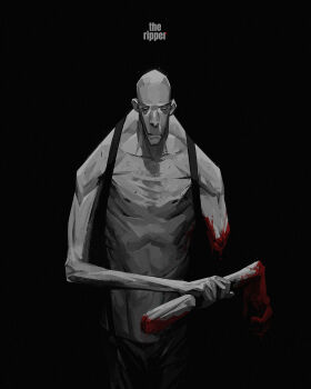 1boy absurdres amputee bald black_background blood character_name cowboy_shot english_text highres holding_limb long_face male_focus original patrick_ganas severed_arm severed_limb simple_background solo suspenders thick_neck