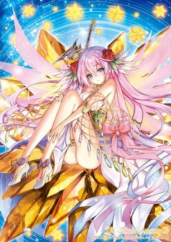 1girl ahoge bare_shoulders blue_eyes breasts copyright_notice energy_wings flower gem gradient_wings hair_flower hair_ornament high_heels long_hair looking_at_viewer michael_(z/x) multicolored_wings official_art orange_gemstone pink_hair shoes solo squatting star_(symbol) sword very_long_hair weapon white_shoes wings yuasa_akira z/x