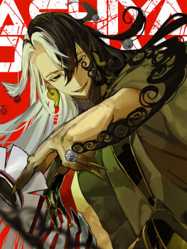 1boy ashiya_douman_(fate) asymmetrical_clothes asymmetrical_hair bell black_eyes black_hair character_name commentary_request curly_hair earrings fate/grand_order fate_(series) fingernails green_nails hair_bell hair_between_eyes hair_intakes hair_ornament highres japanese_clothes jewelry kimono long_hair magatama magatama_earrings male_focus multicolored_hair open_mouth red_background sharp_fingernails simple_background split-color_hair suzuhi_(fullprayer) tongue tongue_out two-tone_hair very_long_fingernails very_long_hair white_hair