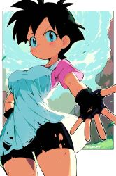 Rule 34 | 1girl, absurdres, bike shorts, black hair, blue eyes, border, dragon ball, dragonball z, fingerless gloves, foxdropsdraws, gloves, hand on own hip, highres, looking at viewer, outside border, outstretched arm, short hair, solo, standing, sweat, thigh gap, thighs, torn bike shorts, torn clothes, videl, white border