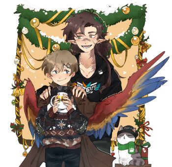 2boys alternate_costume animal animification anmitsu_(anmitsu40919780) bird_boy bird_wings blue_eyes brown_coat brown_hair cat cat_hair_ornament christmas christmas_sweater coat commentary cowboy_shot english_commentary goodtimeswithscar goodtimeswithscar_(elvish) goodtimeswithscar_(hotguy) green_eyes grian_(youtuber) hair_between_eyes hair_ornament hands_on_another's_shoulders height_difference hermitcraft highres jellie_(hermitcraft) long_hair long_sleeves male_focus minecraft_youtube multiple_boys open_clothes open_coat pants parrot_boy pointy_ears red_sweater scar short_hair smile standing sweater wings wreath