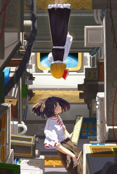 2girls black_skirt black_vest blonde_hair brown_hair cable clipboard commentary_request cover cover_page earth_(planet) feet_out_of_frame hair_ribbon highres holding holding_clipboard holding_pen industrial_pipe kajatony light_particles long_sleeves looking_up machinery multiple_girls pen petticoat planet pointing profile red_ribbon ribbon rumia shirt short_hair short_sleeves skirt space space_station touhou upside-down usami_renko vest white_shirt