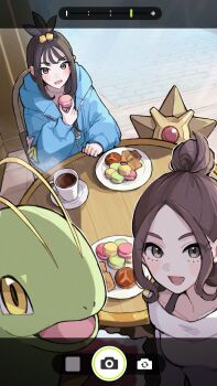 2girls absurdres black_hair blue_hoodie brown_eyes brown_hair camera cube_hair_ornament gen_1_pokemon gen_2_pokemon hair_ornament harmony_(pokemon) highres hood hoodie lida_(pokemon) long_hair long_sleeves meganium minao_omina multiple_girls nintendo open_mouth pokemon pokemon_(creature) pokemon_legends:_z-a shirt short_hair staryu topknot