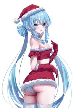 Rule 34 | 1girl, absurdres, arahashi tabi, ass, blue eyes, blue hair, breasts, choigoli, commentary request, elbow gloves, from behind, gloves, hand up, hat, highres, korean commentary, looking at viewer, open mouth, panties, red gloves, red hat, red skirt, santa hat, simple background, skirt, solo, standing, stellive, sweat, thighhighs, underwear, virtual youtuber, white background, white panties, white thighhighs