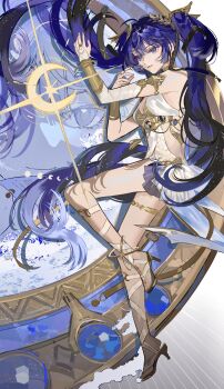 1girl absurdres ancient_greek_clothes armlet bare_shoulders black_skirt blue_eyes blue_hair breasts bridal_gauntlets closed_mouth from_side full_body gladiator_sandals gold_bra gradient_hair greco-roman_clothes highres iuno_(wuthering_waves) jewelry laurel_crown long_hair medium_breasts multicolored_hair ouge_dz sandals single_bridal_gauntlet skirt solo tacet_mark_(wuthering_waves) thighlet thighs twintails vambraces very_long_hair white_bridal_gauntlets wuthering_waves