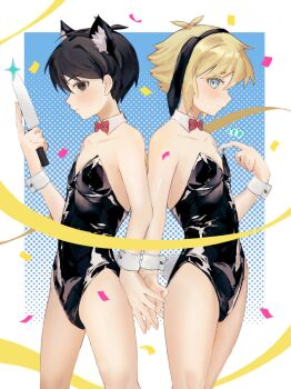 2boys animal_ear_hairband animal_ears antenna_hair bare_shoulders basil_(faraway)_(omori) basil_(omori) black_eyes black_hair black_hairband black_leotard blonde_hair blue_eyes bow bowtie cat_ear_hairband cat_ears closed_mouth collarbone confetti crossdressing crossdressing_(mtf) fake_animal_ears hairband highres holding holding_knife knife leotard looking_at_viewer male_focus multiple_boys o3o2sao omori rabbit_ear_hairband rabbit_ears rabbit_tail red_bow red_bowtie shiny_clothes short_hair sidelocks sunny_(omori) tail white_wrist_cuffs wrist_cuffs