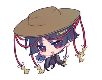 1boy animalization black_cat black_eyes black_hair black_pants black_sandals black_sleeves blonde_hair blunt_ends brown_hat cat chibi chibi_only eyeliner eyeshadow full_body genshin_impact hands_up hat holding holding_plant ichimegasa japanese_clothes kariginu kuronushi_(genshin_impact) layered_sleeves light_blush makeup male_focus multicolored_hair okobo open_mouth pants person_and_animalization plant platform_sandals red_eyeliner red_eyeshadow red_sleeves ribbon-trimmed_sleeves ribbon_trim sandals scaramouche_(cat)_(genshin_impact) scaramouche_(genshin_impact) solo streaked_hair string white_background wide_sleeves wispy_bangs yunhhj