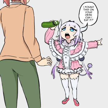 1boy 2girls ballet_slippers beads blue_eyes capelet dragon_girl dragon_horns dress english_text frilled_capelet frills gradient_hair green_pants hair_beads hair_ornament horns kanna_kamui kobayashi-san_chi_no_maidragon kobayashi_(maidragon) low_twintails multicolored_hair multiple_girls orange_shirt pants parallelrey pickle pickle_rick pink_capelet pink_dress pink_shoes pointing purple_hair red_hair rick_and_morty rick_sanchez shirt shoes speech_bubble sphere_hair_ornament tail thighhighs twintails white_thighhighs
