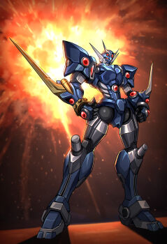 3ok absurdres arm_blade chinese_commentary clenched_hands commentary_request explosion full_body highres mecha mecha_focus no_humans red_eyes robot science_fiction solo soulgain standing super_robot super_robot_wars super_robot_wars_original_generation weapon
