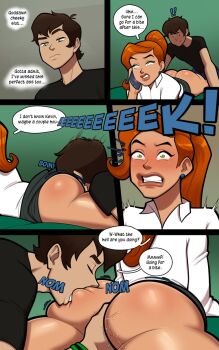 1boy 1girl ass ben_10 ben_10:_alien_force ben_10:_omniverse ben_tennyson cellphone clenched_teeth comic commentary cousins english_commentary english_text green_eyes gwen_tennyson highres incest mrpotatoparty orange_hair phone ponytail pussy skirt surprised talking_on_phone teeth translation_request uncensored