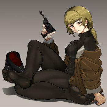 1girl absurdres black_pantyhose black_shoes black_sweater blonde_hair bomber_jacket breasts brown_jacket clenched_teeth commentary_request fear_&amp;_hunger_(series) fear_&amp;_hunger_2:_termina feet finger_on_trigger from_side full_body gradient_background grey_background gun hair_tie handgun highres holding holding_gun holding_weapon jacket karin_(fear_&amp;_hunger) large_breasts large_variant_set looking_at_viewer minami_no_uo-za no_pants no_shoes off_shoulder open_clothes open_jacket pantyhose ponytail shoes sitting soles solo sweater teeth toes unworn_shoes variant_set walther walther_p38 weapon yellow_eyes
