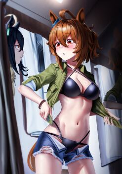 2girls absurdres agnes_tachyon_(lunatic_lab)_(umamusume) agnes_tachyon_(umamusume) animal_ears bikini black_bikini black_hair blue_shorts blush breasts brown_hair changing_room cleavage commentary criss-cross_halter denim denim_shorts english_commentary green_jacket hair_between_eyes halterneck highres horse_ears horse_girl horse_tail jacket looking_at_another manhattan_cafe_(umamusume) manjo_(warito) medium_breasts multiple_girls official_alternate_costume official_alternate_hairstyle open_clothes open_shorts ponytail red_eyes short_shorts shorts skindentation solo_focus swimsuit tail torn_clothes torn_shorts umamusume yellow_eyes