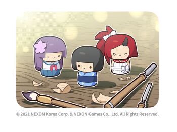 black_hair black_horns blue_archive blue_haori character_doll chisel clothing_cutout commentary doll donmin_h english_commentary floral_print flower front_bow hair_flower hair_ornament haori hip_vent horns japanese_clothes kikyou_(blue_archive) long_hair neckerchief no_humans obi official_art paintbrush ponytail purple_hair red_hair red_neckerchief red_sailor_collar renge_(blue_archive) sailor_collar sash school_uniform second-party_source serafuku short_hair sideless_outfit sideless_shirt single_horn skirt smile table yukari_(blue_archive)