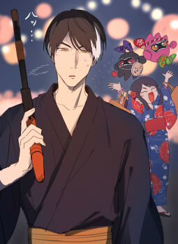 Rule 34 | 1boy, 1girl, azkn, bag, black hair, black kimono, blue kimono, bracelet, candy apple, floral print, flower, flower on head, food, geta, gun, hachimaki, hanaya taiga, hand fan, handbag, happy, headband, highres, holding, holding candy apple, holding fan, holding food, holding gun, holding weapon, hyottoko mask, japanese clothes, jewelry, kamen rider, kamen rider ex-aid (series), kimono, light blush, mask, multicolored hair, obi, red flower, red rose, rose, saiba niko, sash, shoes, short hair, shotgun, sidelocks, sneakers, stuffed toy, summer festival, sweat, two-tone hair, weapon, white flower, white hair, yellow eyes, yukata