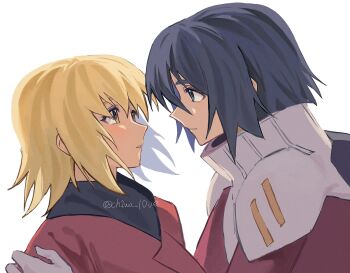 1boy 1girl athrun_zala blonde_hair blue_hair blush cagalli_yula_athha ch1wa_l0ve couple green_eyes gundam gundam_seed hetero highres jacket long_sleeves looking_at_another mecha_pilot_suit open_mouth profile scene_reference short_hair simple_background smile upper_body white_background yellow_eyes