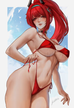 1girl absurdres bikini breasts commentary curvy english_commentary goddess_of_victory:_nikke highres long_hair ponytail rapi_(nikke) rapi_(red_hood)_(nikke) rapi_(red_hood)_(red_flavor)_(nikke) red_bikini red_eyes red_hair red_nails sherylnome solo swimsuit thong thong_bikini wide_hips