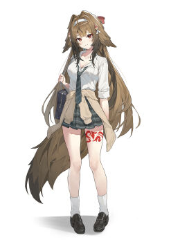 1girl alternate_costume animal_ear_fluff animal_ears bag black_shoes blush breasts brown_tail checkered_clothes checkered_skirt cleavage closed_mouth clothes_around_waist commentary_request droopy_ears full_body green_necktie green_skirt hairband highres krux_(k_krux) leg_tattoo looking_at_viewer medium_breasts necktie red_eyes revision school_bag school_uniform shirt shoes skirt smile socks solo striped_clothes striped_necktie tail tattoo white_hairband white_shirt white_socks ye_shunguang zenless_zone_zero