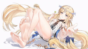 1girl bare_legs bare_shoulders barefoot blonde_hair blue_eyes braid breasts cartethyia_(wuthering_waves) chinese_commentary clover commentary_request crown_of_thorns dress feet food foot_focus foreshortening four-leaf_clover full_body highres holding holding_food liangji_uu long_hair looking_at_viewer parted_bangs pointy_ears simple_background small_breasts smile soles solo toes very_long_hair white_background white_dress wuthering_waves