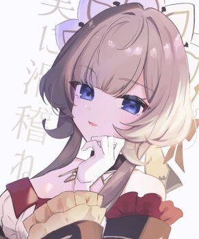 1girl bare_shoulders black_dress blue_eyes breasts brown_hair dress genshin_impact gloves hand_up long_sleeves looking_at_viewer parted_lips shirase_(shirose) short_hair_with_long_locks simple_background smile solo upper_body white_background white_gloves