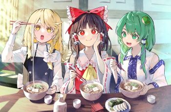 +_+ 3girls :d :o ascot bare_shoulders black_vest blonde_hair bow bowl braid brown_hair choko_(cup) chopsticks closed_mouth collared_shirt commentary_request cup day detached_sleeves eating food frilled_bow frilled_hair_tubes frilled_shirt_collar frills frog_hair_ornament green_eyes green_hair hair_bow hair_ornament hair_tubes hakurei_reimu hand_on_own_cheek hand_on_own_face holding holding_chopsticks holding_with_chopsticks indoors kirisame_marisa kochiya_sanae long_hair long_sleeves looking_at_viewer multiple_girls no_headwear noodles open_mouth plate red_bow red_eyes red_ribbon red_shirt ribbon ribbon-trimmed_sleeves ribbon_trim shirt side_braid single_braid single_hair_tube sleeveless sleeveless_shirt smile snake_hair_ornament sunlight syuri22 tokkuri touhou udon upper_body vest white_bow white_shirt white_sleeves wide_sleeves window yellow_ascot yellow_eyes