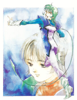 Rule 34 | 1980s (style), 1boy, 1girl, boots, choujikuu seiki orguss, emaan, fingerless gloves, gloves, green hair, highres, light brown hair, mikimoto haruhiko, mimsy raas, oldschool, orguss, painting (medium), pointing, pointing forward, prehensile hair, retro artstyle, sad, scan, science fiction, signature, sley (orguss), star (symbol), star symbol background, traditional media, uniform, watercolor (medium)