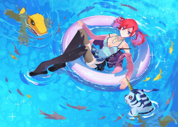 Rule 34 | 1girl, agumon, bare shoulders, black bra, black thighhighs, blue camisole, blue eyes, bra, breasts, camisole, currynoodle art, digimon, digimon (creature), digimon story: cyber sleuth, full body, gabumon, jacket, large breasts, lizard, partially submerged, pink jacket, red hair, shiramine nokia, smile, swim ring, thighhighs, twintails, underwear, water