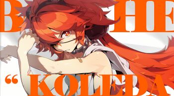 1girl absurdres bandaid bandaid_on_arm bandaid_on_face bare_arms bare_shoulders black_collar black_hairband blurry breasts bright_pupils character_name clenched_teeth collar collarbone copyright_name english_text eyepatch hair_between_eyes hairband highres koleda_belobog long_hair looking_at_viewer messy_hair metal_collar mindscape_cinema_(zenless_zone_zero) official_art one_eye_covered orange_eyes orange_hair parted_lips red_eyes red_hair small_breasts solo spiked_collar spikes stretching sweat teeth text_background twintails upper_body v-shaped_eyebrows very_long_hair white_background zenless_zone_zero