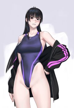 1girl black_hair breasts commentary_request competition_swimsuit curvy full_body hand_on_own_hip highleg highleg_one-piece_swimsuit highres jacket jigokumaru_akira large_breasts long_hair looking_at_viewer navel off_shoulder one-piece_swimsuit open_clothes open_jacket purple_one-piece_swimsuit scar scar_on_face shiny_skin simple_background solo standing super_highleg swimsuit swimsuit_under_clothes taimanin_(series) taimanin_rpgx white_background wide_hips yuuji_(and)