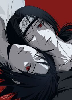 Rule 34 | 2boys, black hair, brothers, commentary request, curtained hair, forehead protector, heads together, highres, jewelry, konohagakure symbol, korean commentary, looking at viewer, male focus, metalofyang, multiple boys, naruto (series), naruto shippuuden, necklace, one eye closed, pale skin, parted lips, red background, red eyes, sharingan, short hair, siblings, teeth, twitter username, uchiha itachi, uchiha sasuke