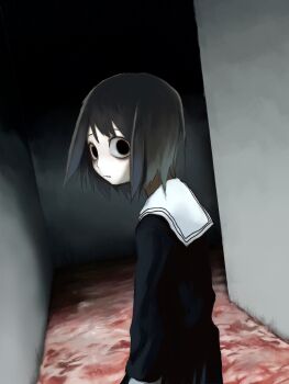 1girl absurdres arms_at_sides bags_under_eyes black_eyes black_hair black_shirt black_skirt closed_mouth flesh hallway happy_routine highres horror_(theme) indoors long_sleeves looking_at_viewer original pale_skin sailor_collar shirt skirt solo white_sailor_collar