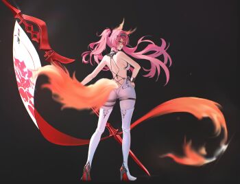 1girl absurdres ass back backless_outfit bare_shoulders black_bow boots bow breasts bubble99 collar commentary from_behind full_body grey_background grin hair_bow hairband hand_on_own_hip high_heel_boots high_heels highres holding holding_polearm holding_weapon large_breasts long_hair looking_at_viewer looking_back lupa_(wuthering_waves) median_furrow metal_collar metal_hairband pink_hair polearm profile red_pupils smile solo tail thigh_boots weapon white_boots wolf_tail wuthering_waves yellow_eyes