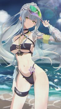 1girl bare_shoulders beach bikini black_bikini black_choker blue_hair blue_jacket blush breasts choker commentary cropped_jacket cross cross-laced_bikini cross-laced_clothes day earrings facepaint flower girls'_frontline girls'_frontline_2:_exilium green_eyes groin half-closed_eyes hand_on_own_thigh hand_up highleg highleg_bikini highres hk416_(girls'_frontline) iron_cross jacket jewelry klukai_(cerulean_breaker)_(girls'_frontline_2) klukai_(girls'_frontline_2) long_hair medium_breasts moea_(pixiv_91611389) navel ocean open_clothes open_jacket outdoors pink_flower ponytail purple_flower see-through_clothes see-through_jacket smile solo standing swimsuit teardrop underboob very_long_hair visor_cap