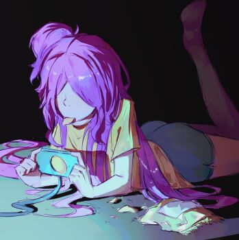 1girl ass bag_of_chips black_background blue_shorts chips_(food) controller covered_eyes eating food game_controller hair_over_eyes holding holding_controller holding_game_controller jaina_repellista_zahard kapxapius long_bangs long_hair lying on_stomach original playing_games potato_chips purple_hair shadow shirt shorts simple_background snack solo tower_of_god underlighting