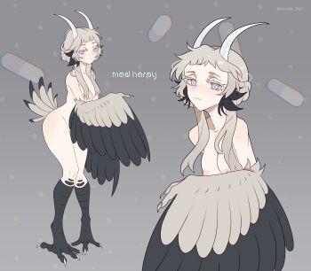 Rule 34 | 1girl, absurdres, animal ears, bird ears, bird legs, bird tail, black feathers, black wings, blue eyes, breasts, bright pupils, claws, commentary, english commentary, feathers, grey hair, highres, horns, medium breasts, multiple views, nipples, nude, original, short hair with long locks, sidelocks, slit pupils, tail, talons, twitter username, two-tone wings, unreal fish, white feathers, white pupils, white wings, wide hips, winged arms, wings