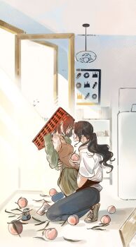 2girls arm_around_back barefoot black_hair bob_cut box brown_hair brown_shirt chinese_commentary commentary_request eye_contact food from_side fruit full_body green_jacket green_skirt grey_pants highres holding holding_box holding_food holding_fruit indoors jacket kneeling long_hair looking_at_another mu_xiaoen multiple_girls my_dear_lass open_clothes open_jacket pants peach ponytail shi_xingyuan shirt shoes short_hair short_sleeves skirt sleeveless sleeveless_shirt sneakers teleixihu_tracy wavy_hair white_shirt yuri