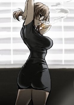 1girl absurdres arm_up ass black_dress breasts brown_hair cigarette cowboy_shot dress from_behind glasses highres large_breasts looking_at_viewer looking_back reiquant round_eyewear short_dress short_sleeves smoking solo standing uguisu_anko yofukashi_no_uta